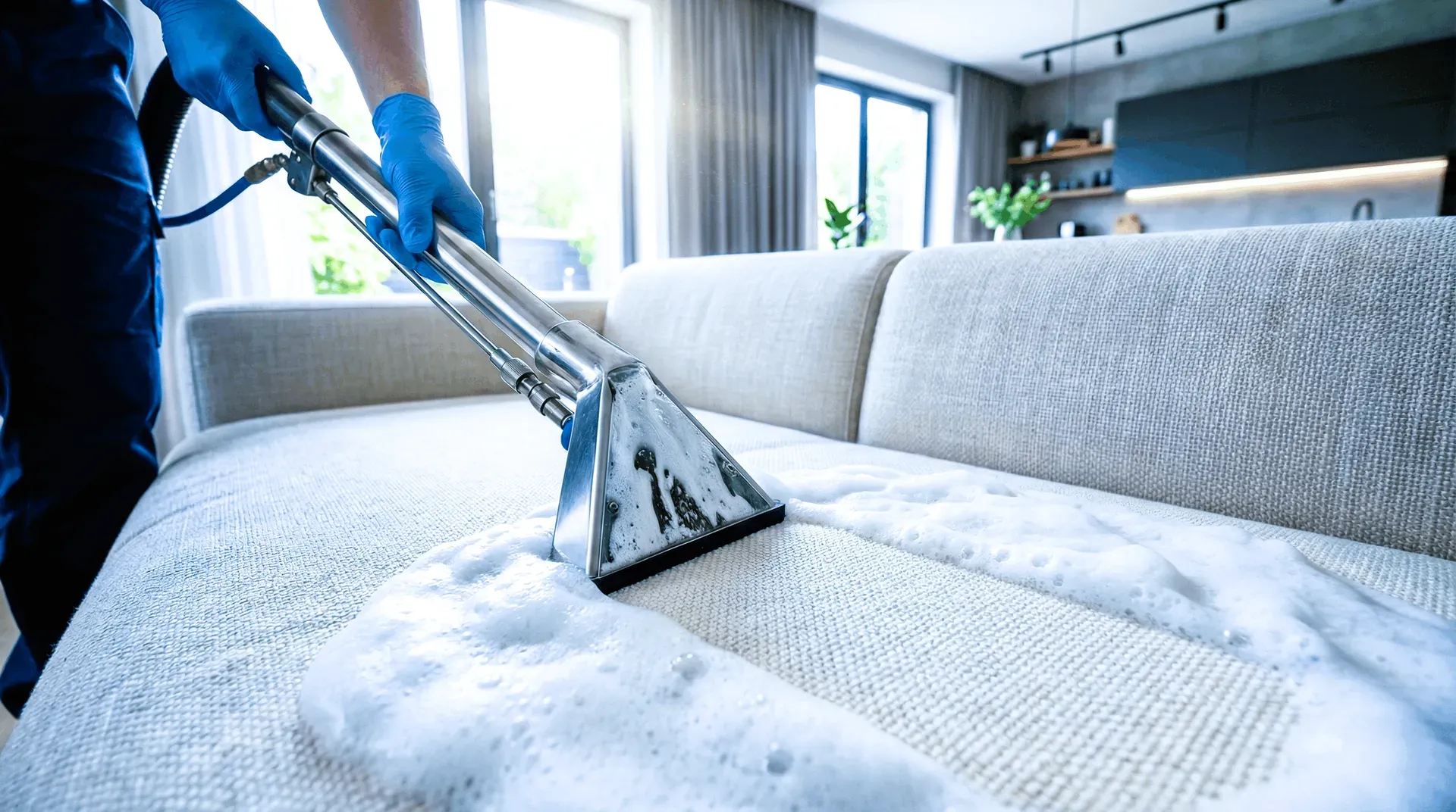 Proceso de lavado de muebles con espuma y succión: recuperación de color y textura en sofá gris claro eliminando manchas difíciles