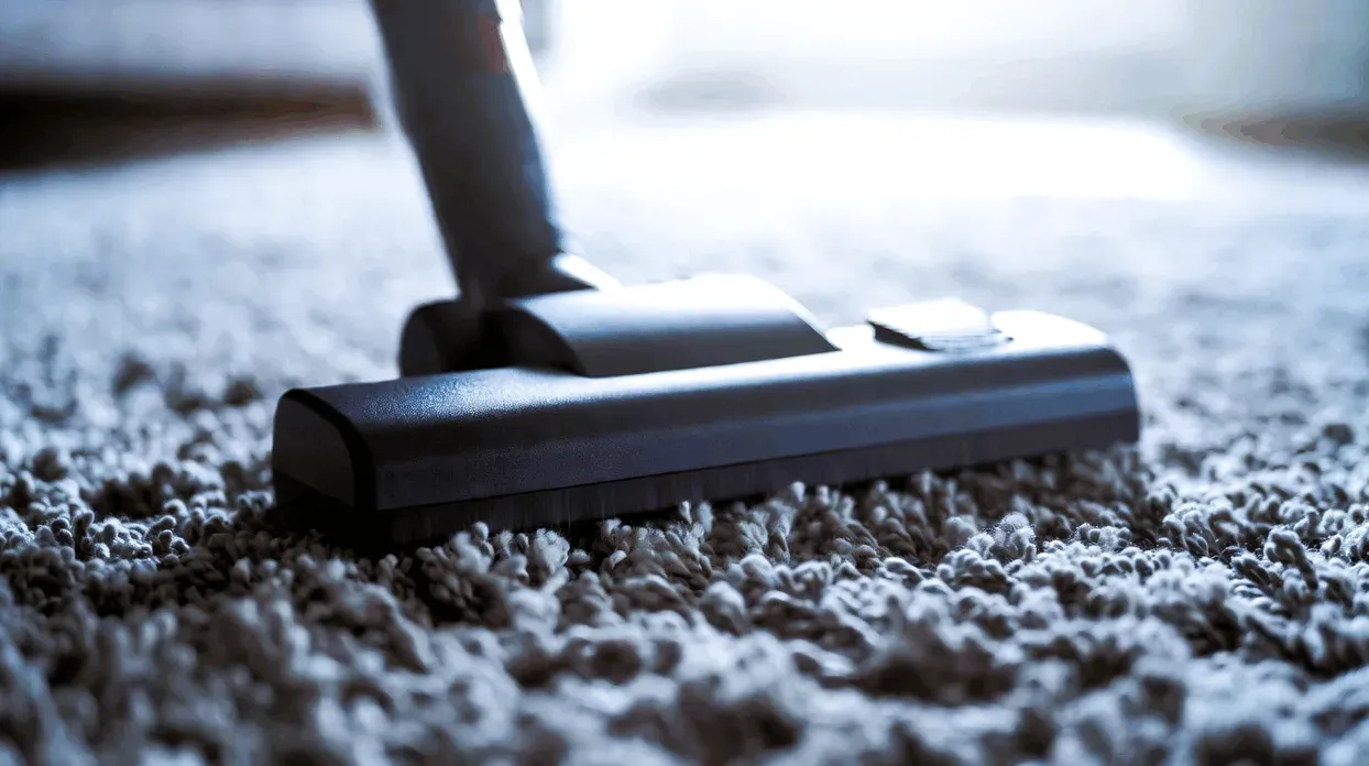 Primer plano de aspirado profundo en alfombra de pelo largo, eliminando suciedad incrustada y pelos de mascota para renovar el hogar
